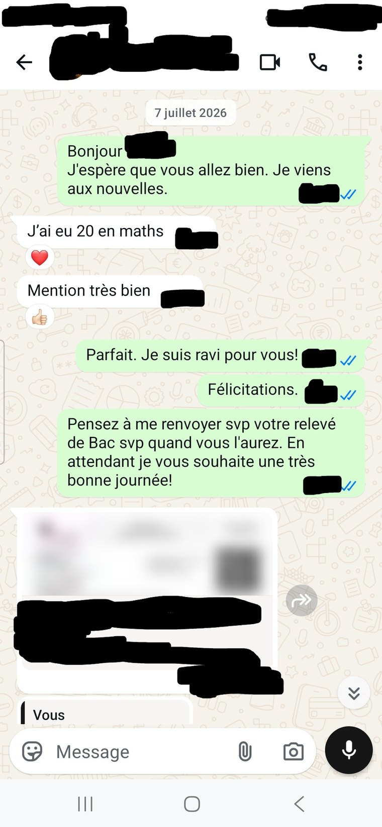 Capture d’un message reçu de l’élève annonçant son résultat au baccalauréat, 7 juillet 2026
