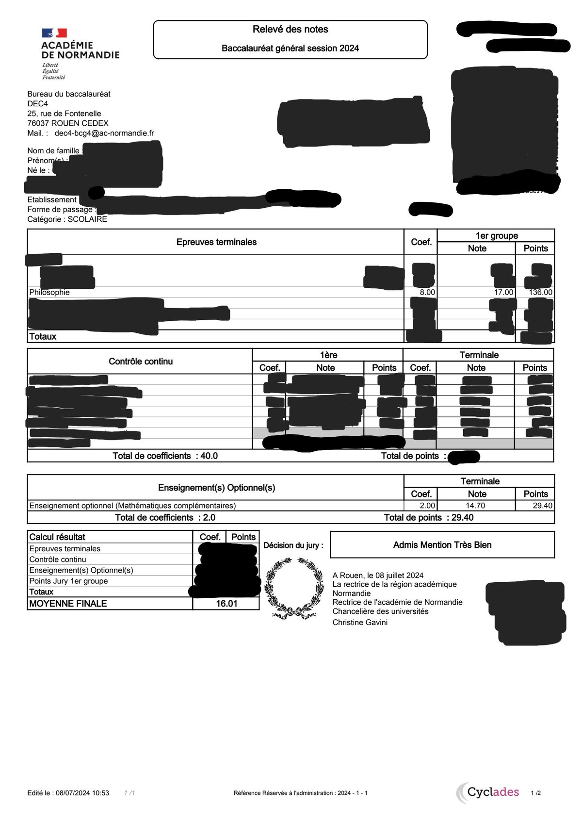 Relevé de notes officiel anonymisé — baccalauréat général, session 2024