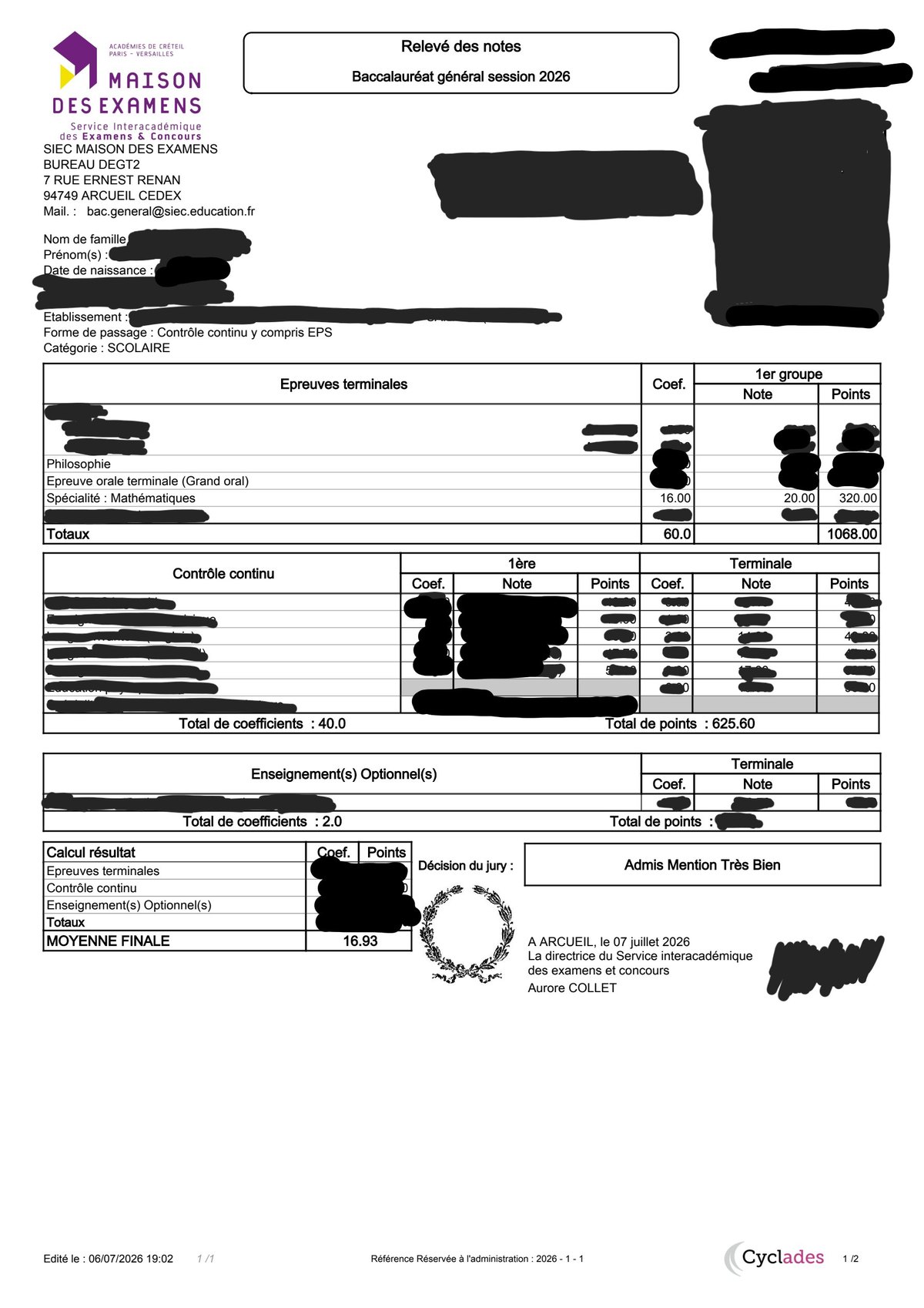 Relevé de notes officiel anonymisé — baccalauréat général, session 2026